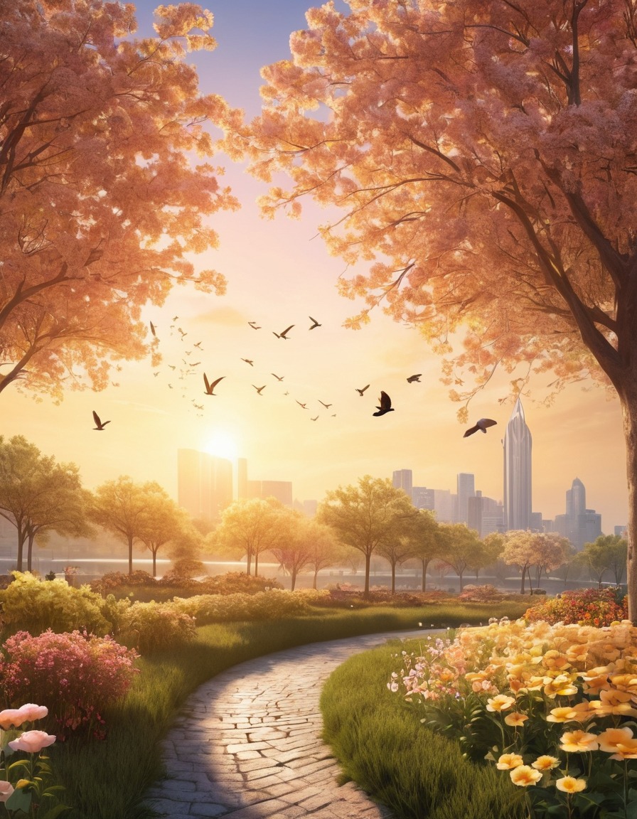 sunrise, cityscape, park, flowers, birds, nature, city