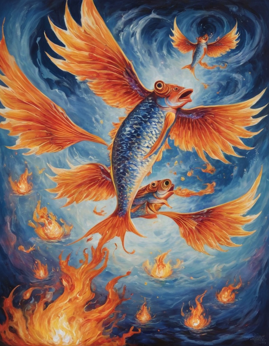 fish, flying, wings, flames, fantasy, surreal