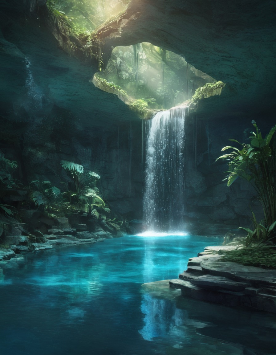 nature, waterfall, water nymphs, fantasy, magical, fantastic