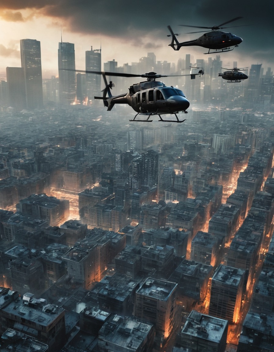 cityscape, helicopters, chaos, surveillance, war, usa