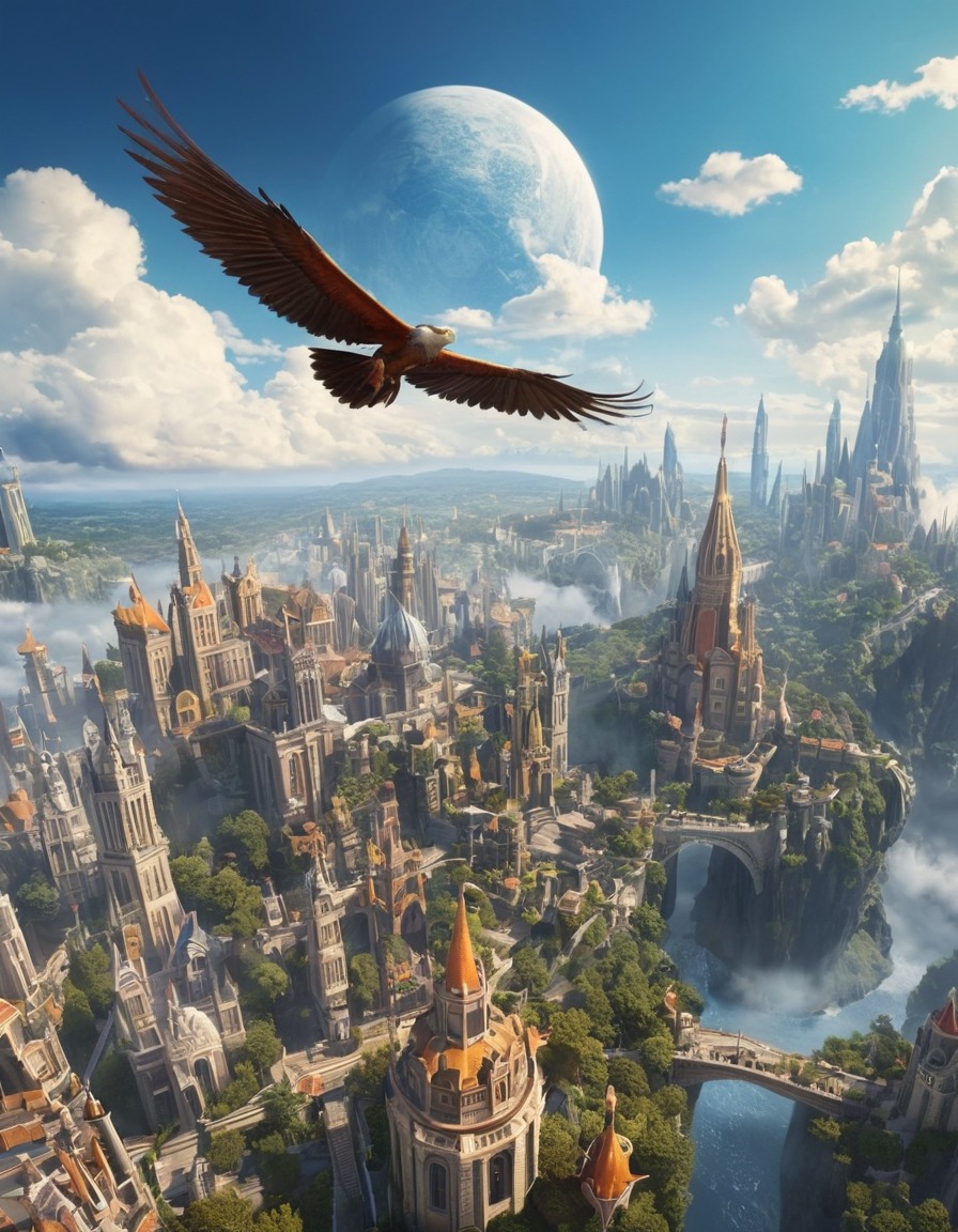 cityscape, clouds, flying creatures, majestic, fantasy, fantastic