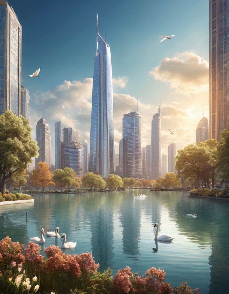 cityscape, skyline, lake, swans, nature, city