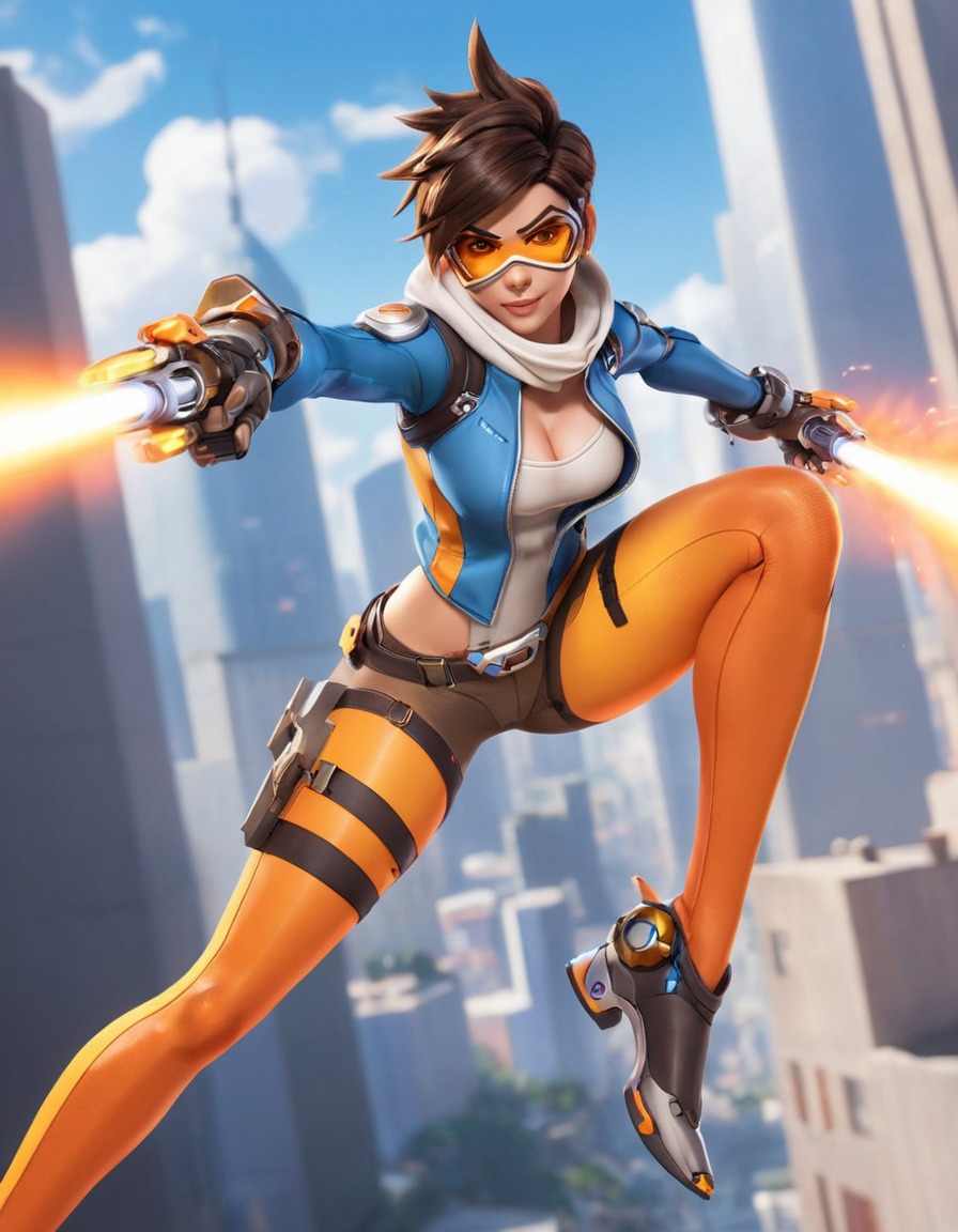 tracer, overwatch, gaming, futuristic, cityscape, speed, anime, games