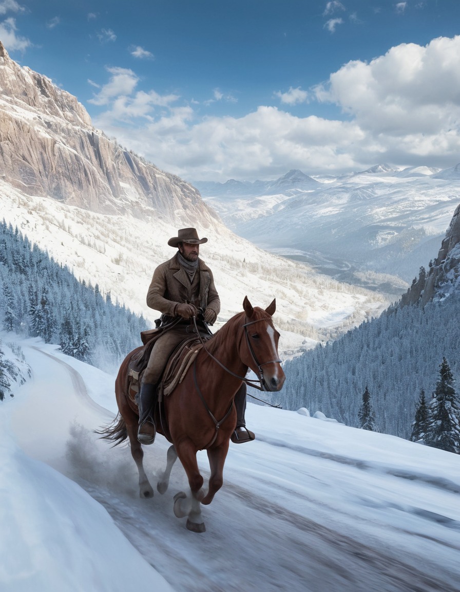 arthur morgan, red dead redemption, cowboy, snowy, mountain, horseback, adventure, computer games