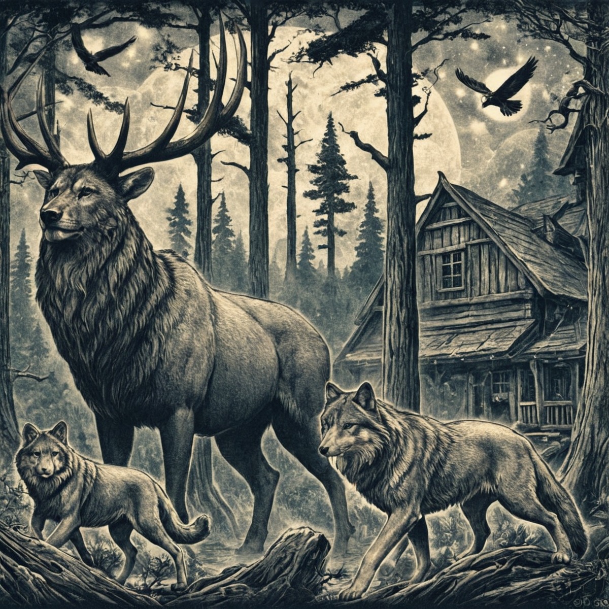 cabin, crow, detailed, elk, forest, gothic, illustration, mystery, nature, oil, pastel, wilderness, wolves, art