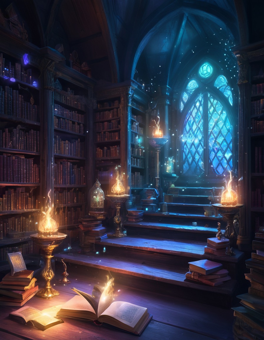 wizard, library, enchanted, books, crystals, fantastic