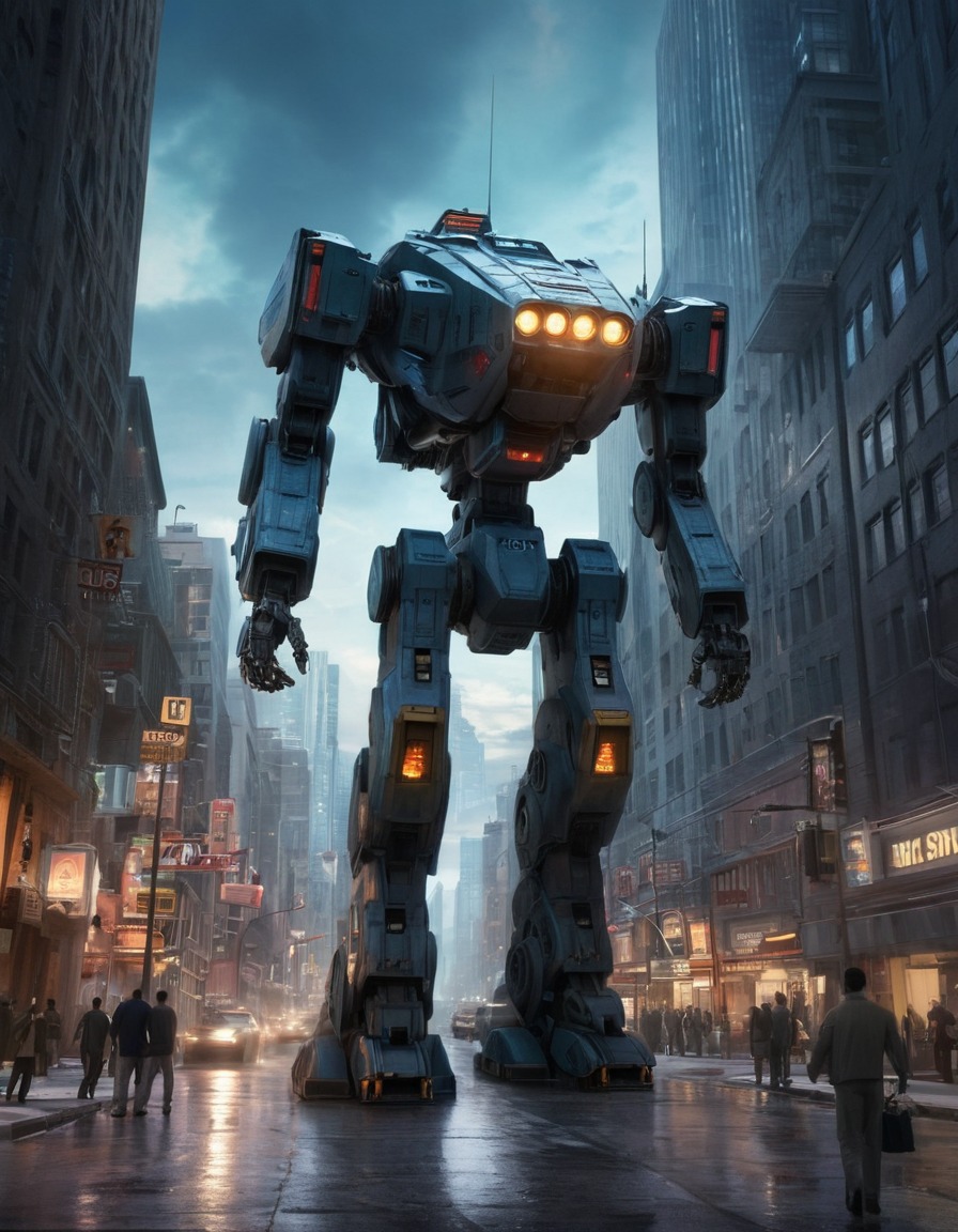 ed-209, robot, law enforcement, cityscape, urban, sci-fi, future, robots, games, movies