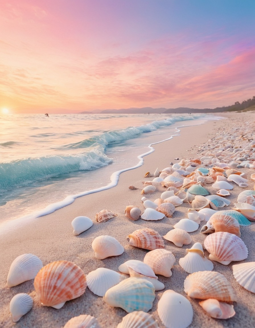 beach, sunrise, pastel colors, tranquility, seashells