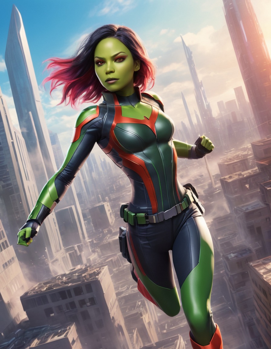 gamora, superhero, futuristic, cityscape, strength, agility, anime, marvel