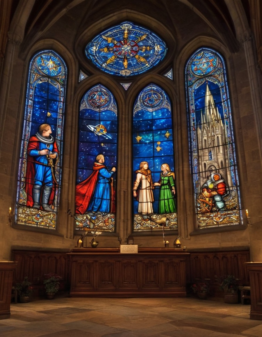 stained glass, cathedral, space exploration, astronauts, medieval, art