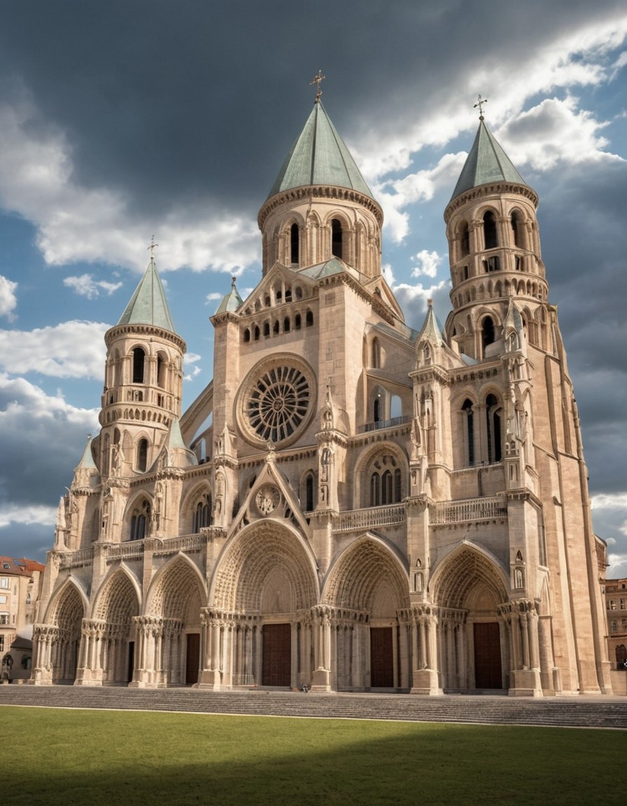 romanesque, cathedral, architecture, clouds