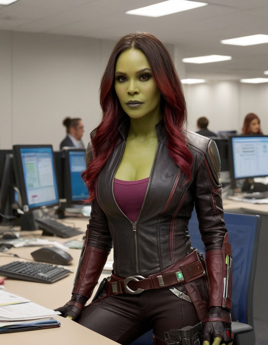 gamora, guardians of the galaxy, marvel, superhero, office environment, workplace dynamics, adaptation