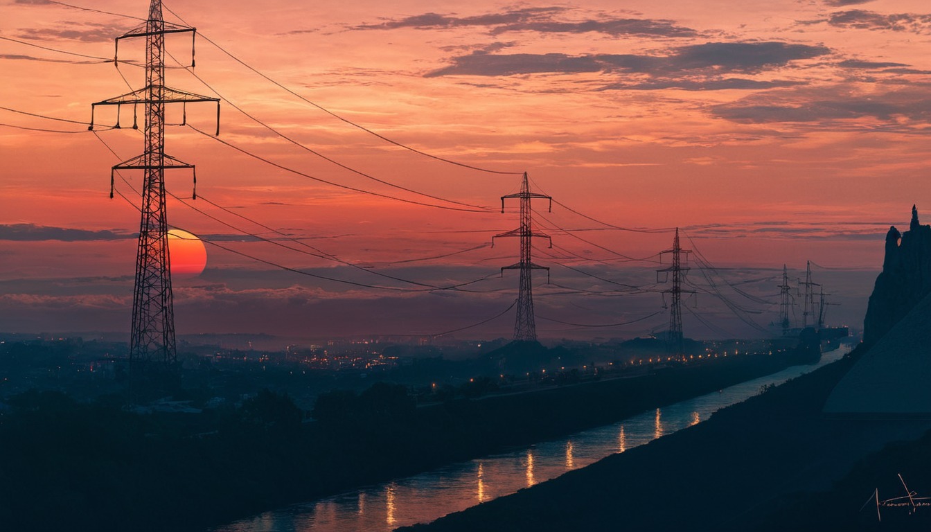 building, city, clouds, digital, electricity, environments, forest, game, indie, industrial, landscape, light, oil, painting, print, red, reflection, river, scape, scenery, sky, sundown, sunset, tower, wallpaper, art, aenami