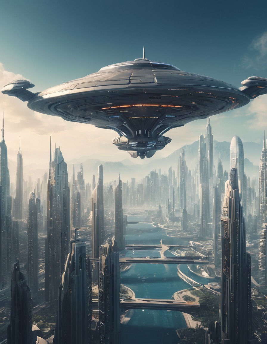 futuristic, spaceship, cityscape, technology, takeoff, future