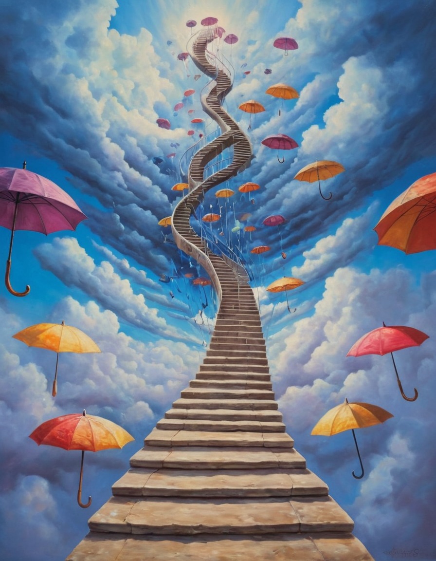 staircase, sky, umbrellas, surreal, fantasy