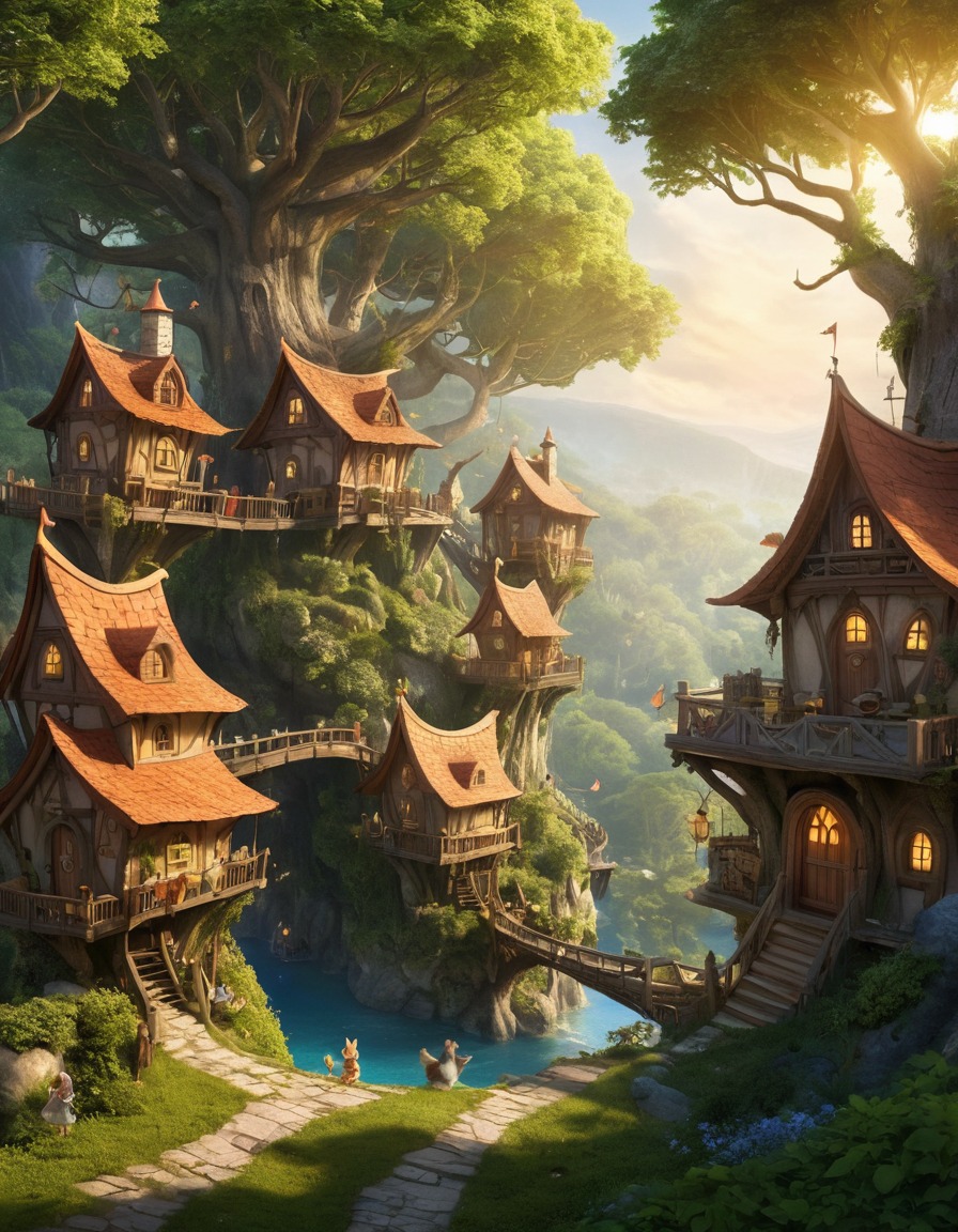 hidden village, treetops, elves, woodland creatures, fantastic