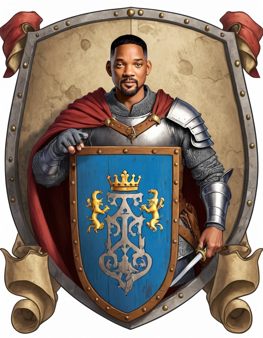 will smith, medieval, coat of arms, shield, painting, historical costume