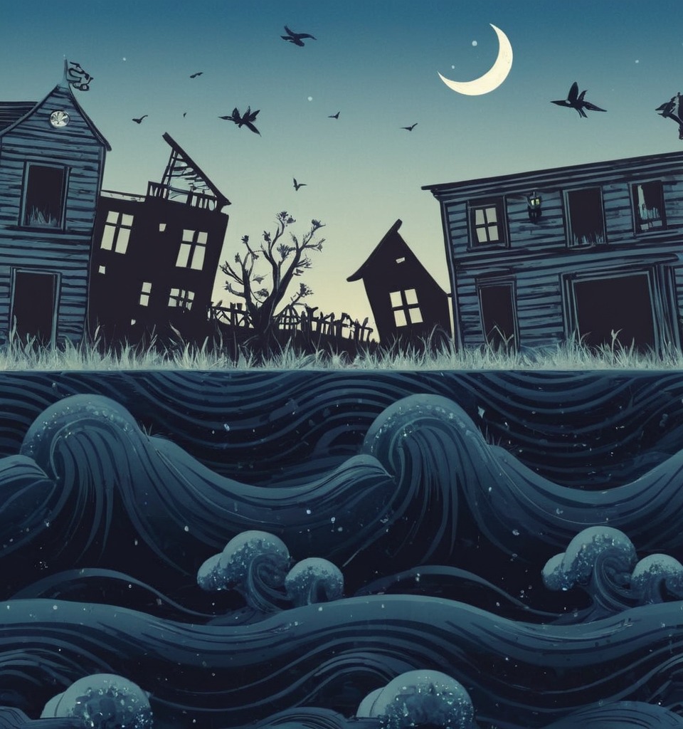 digitalart, sea, bluetones, cartoon, ghosttown