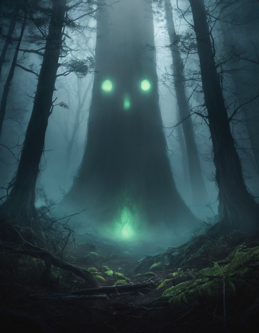 eerie, forest, mist, glowing eyes, darkness, lovecraft, howard lovecraft