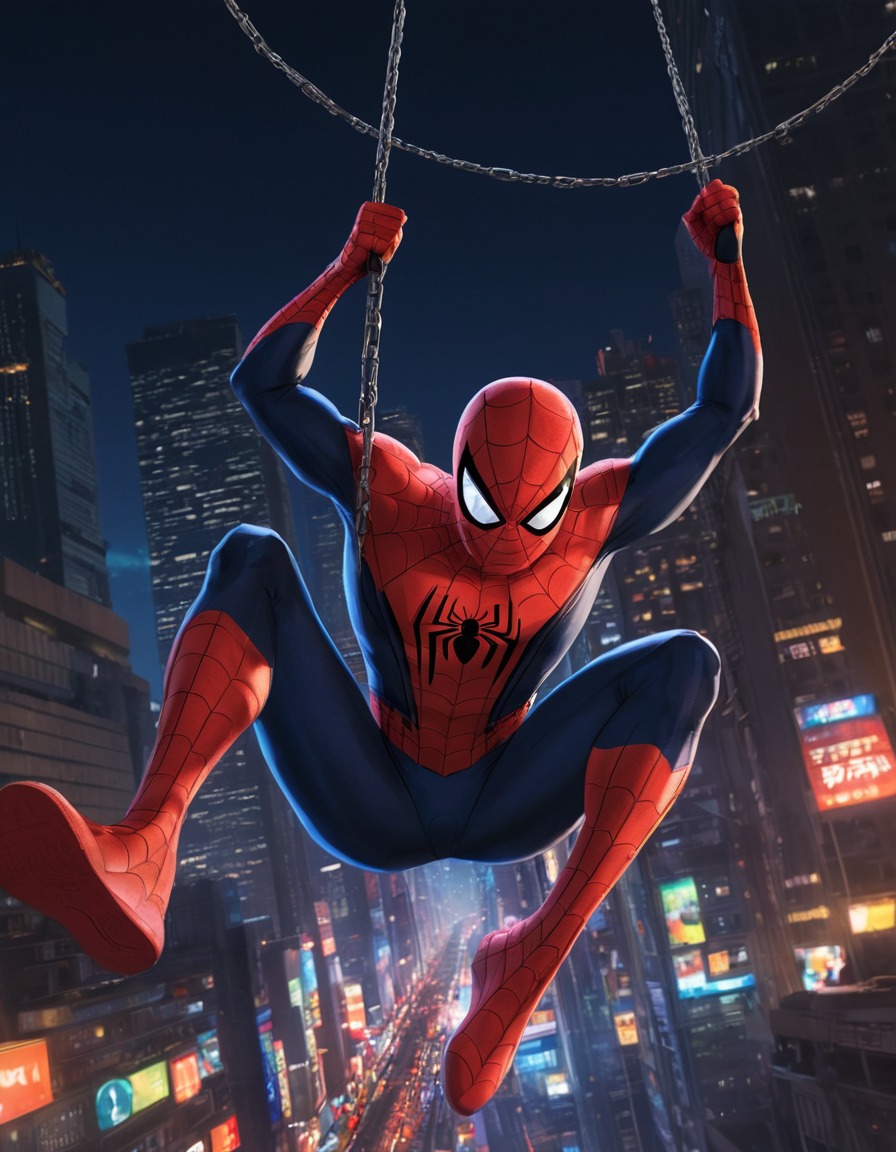 spider-man, superhero, cityscape, night, swinging, action, anime, marvel