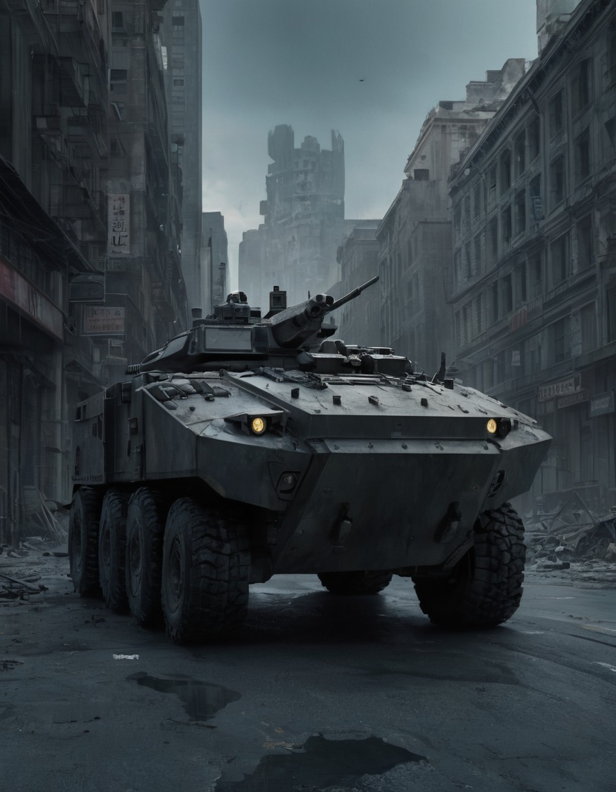 armored vehicle, deserted city, broken windows, urban warfare, war, usa