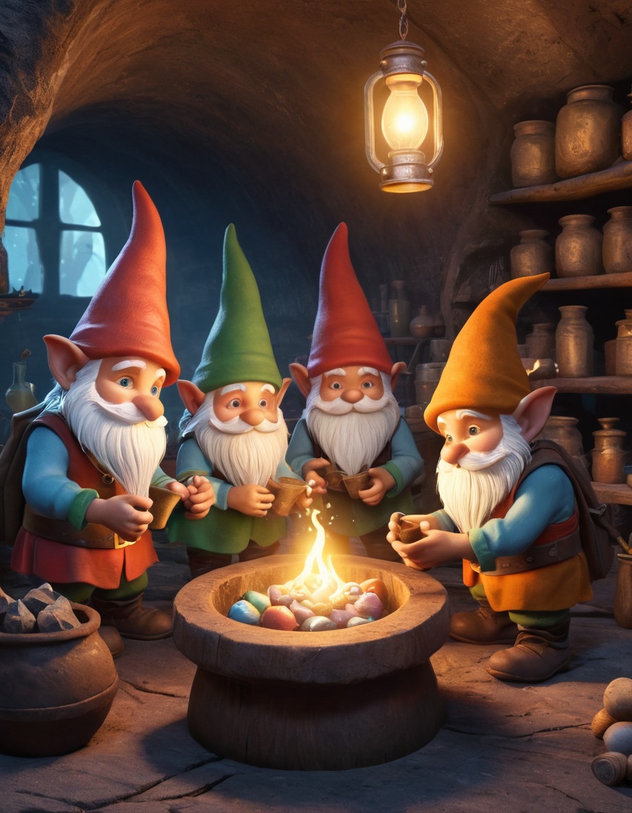 gnomes, magical, potions, workshop, fantasy, underground