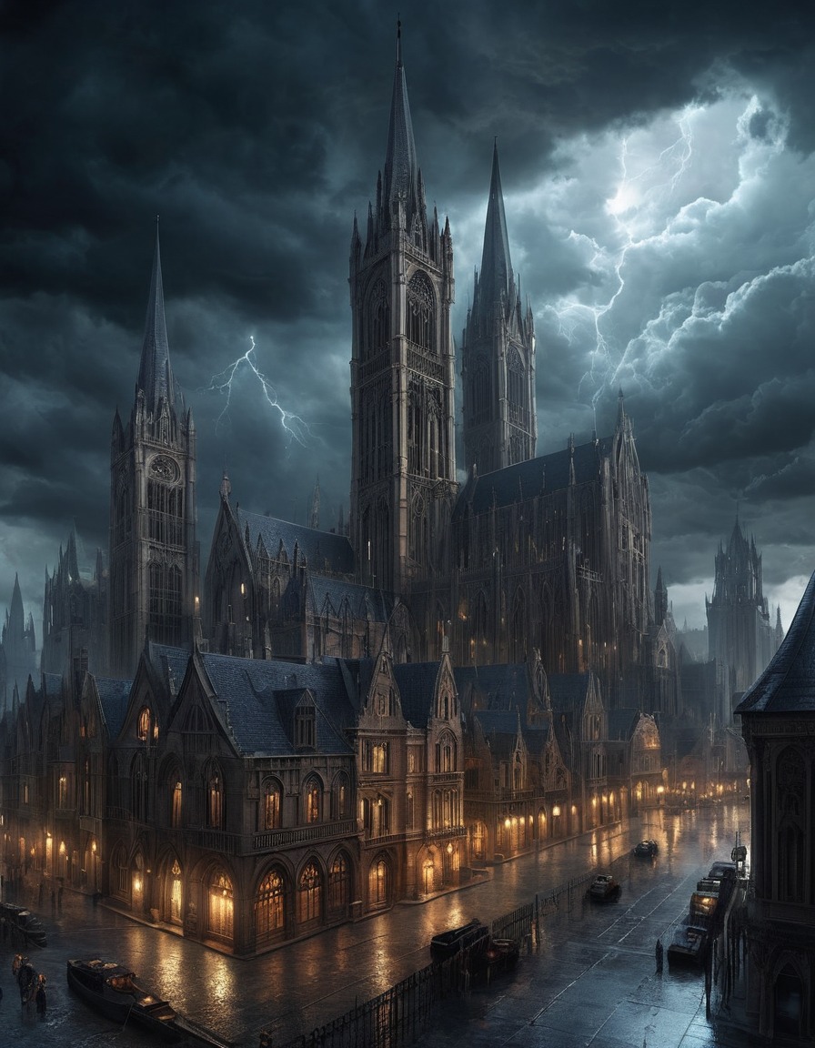 gothic architecture, cityscape, stormy sky, towering buildings, architecture