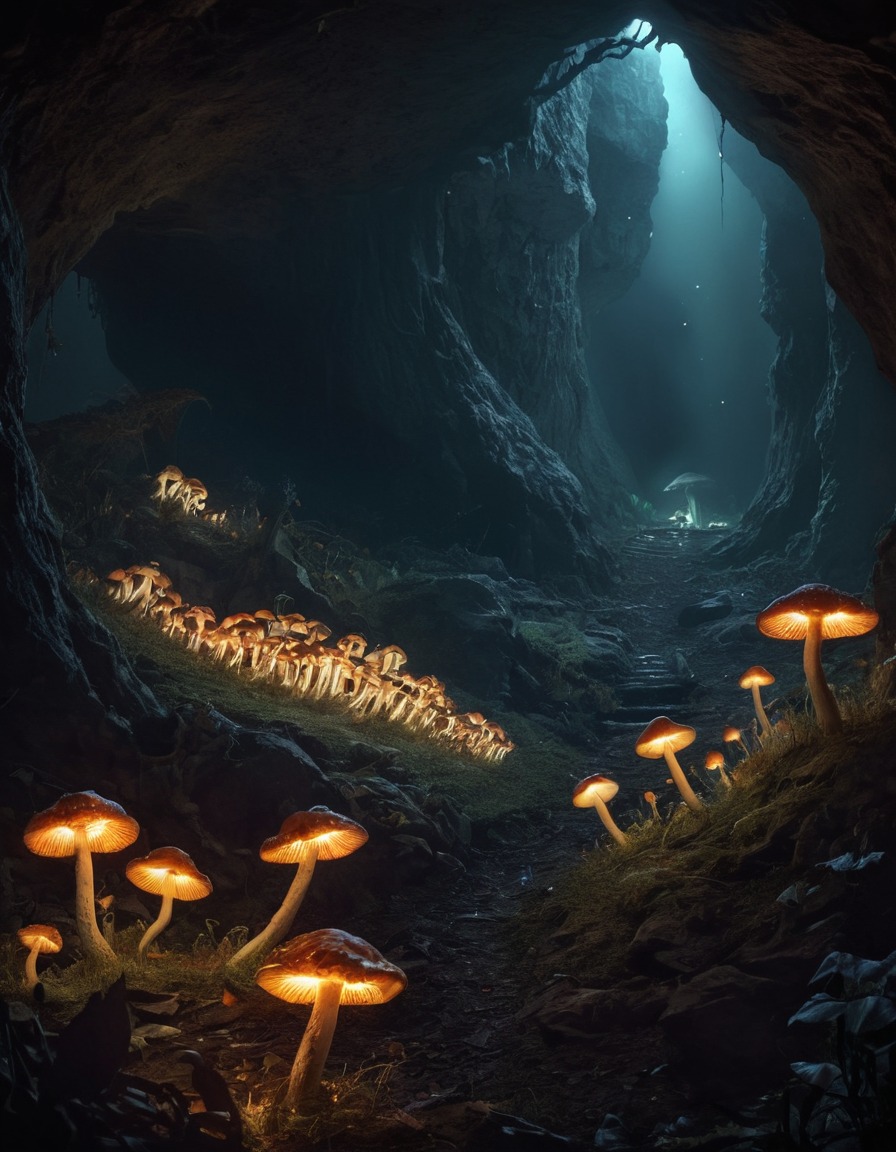 mystical, glowing mushrooms, cave, magical, nature, illuminating, enchantment