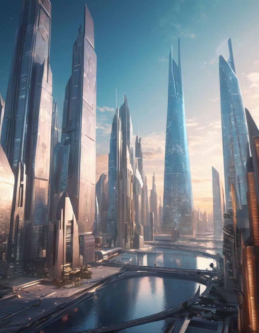 futuristic, cityscape, skyscrapers, geometric designs, architecture