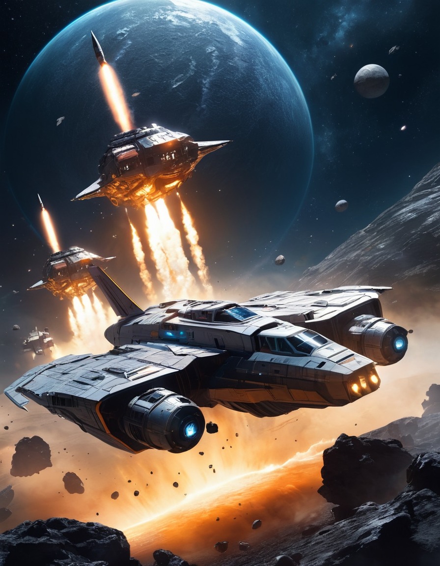 space, spacecraft, asteroid field, high-speed chase, fleet, adventure, sci-fi