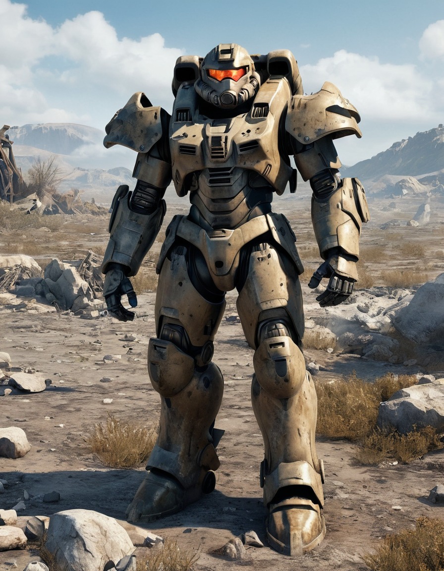 power armor, battle-worn, decimated landscape, sci-fi, post-apocalyptic, fallout, games, tv shows