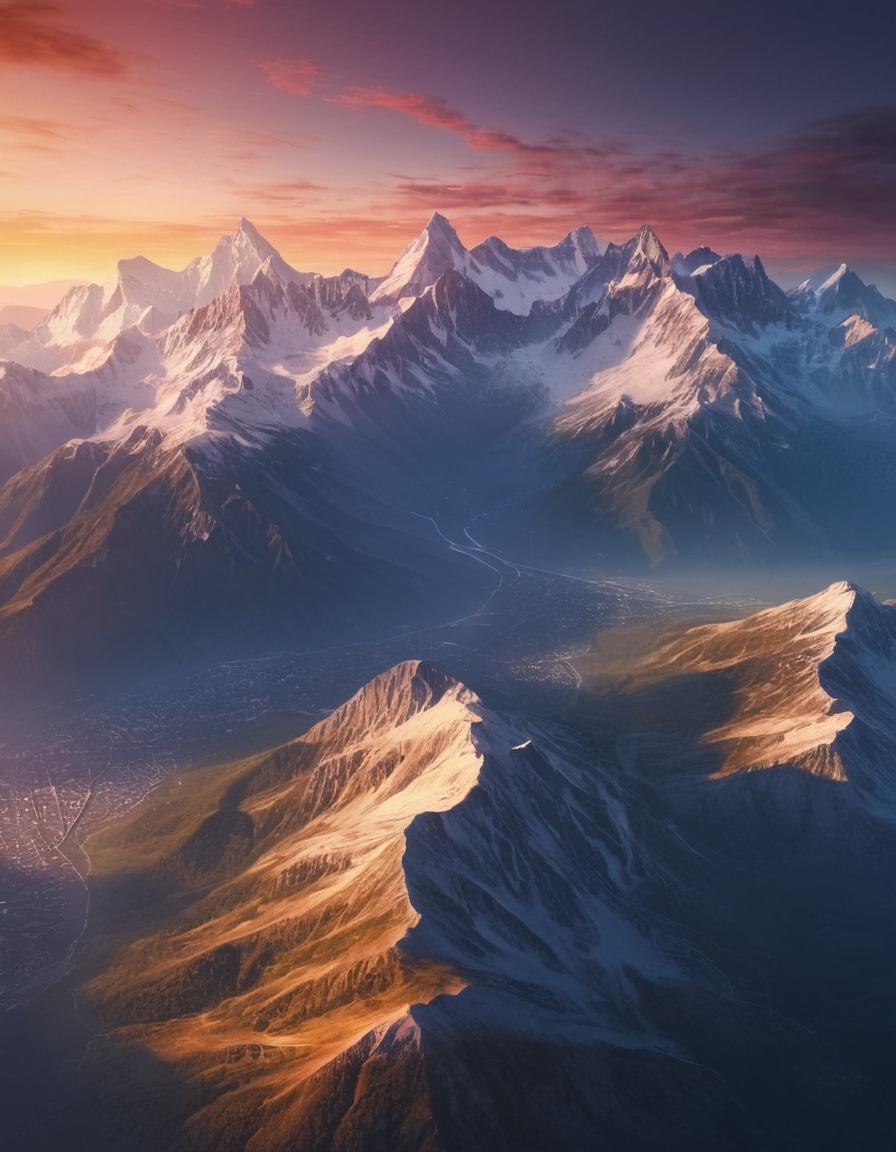 nature, landscape, mountains, sunset, aerial view