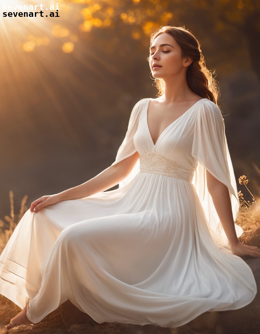 radiant, sunlight, golden glow, white dress, basking, woman