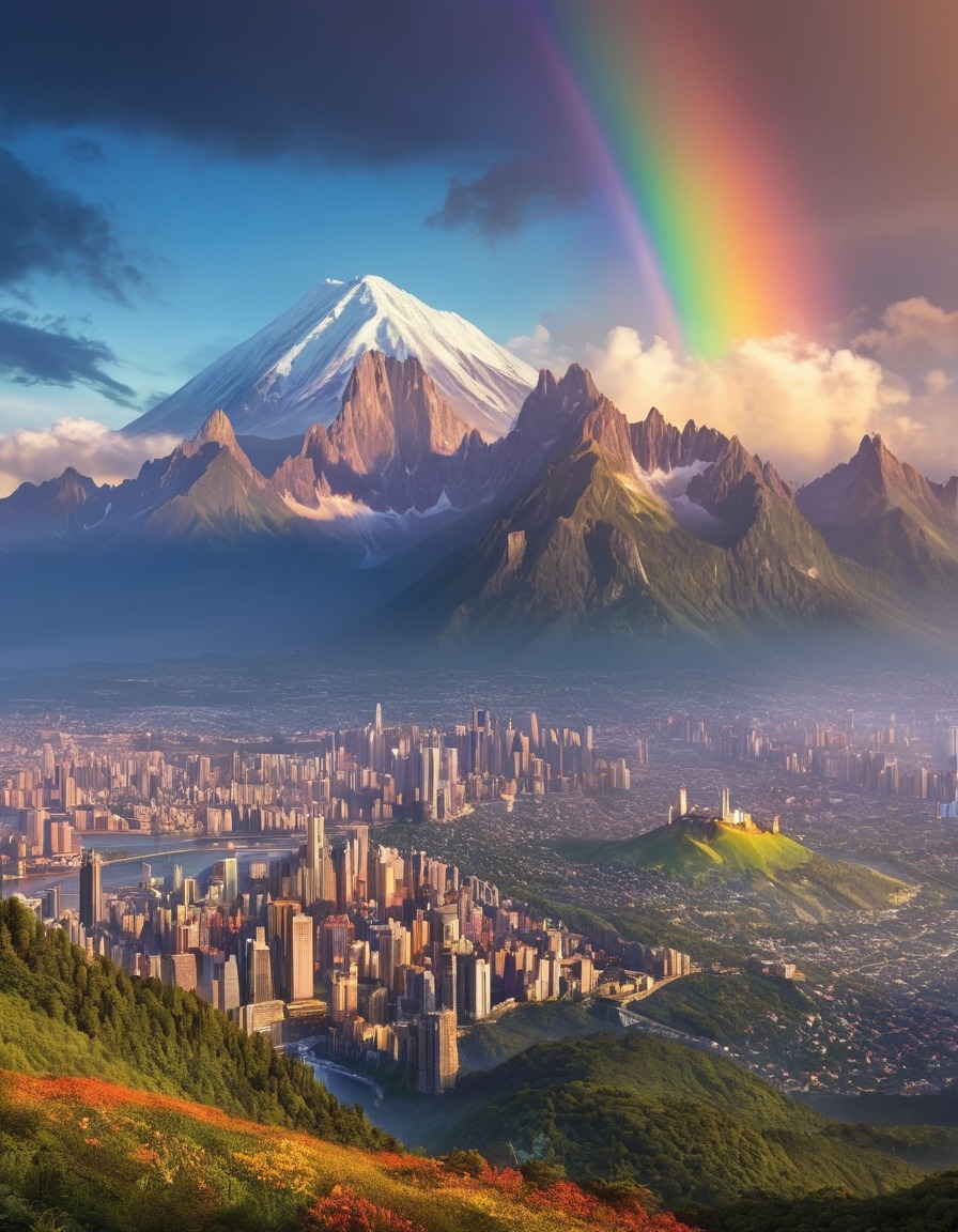 mountain, cityscape, rainbow, landscape, nature, city