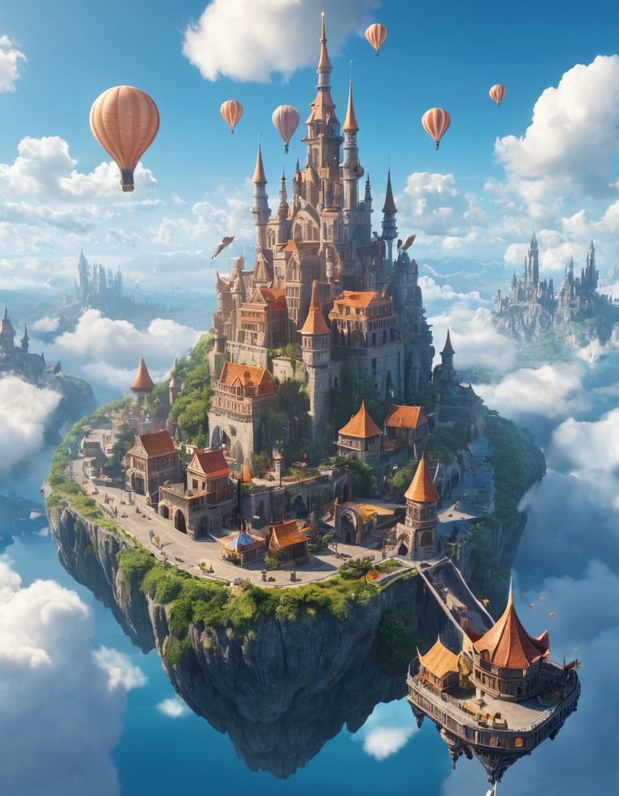 fantasy, floating city, winged creatures, wizards, fantastic