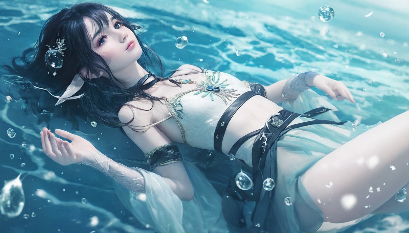 anime, animegirl, originalcharacter, characterdesign, wallpaper, adoptable, animeandmanga, blackhairedgirl, elf, elfgirl, exclusive, fantasy, holidays, manga, ocean, sea, summer, sunny, vacation, water, aigirl, aiart, aiartwork, aiartcommunity, midjourney, synthography