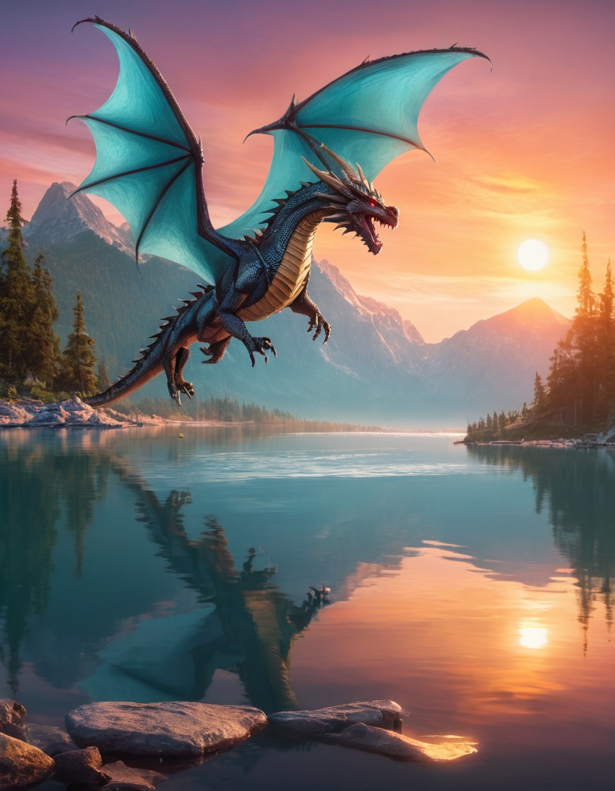 fantasy, dragon, sunset, lake, flying