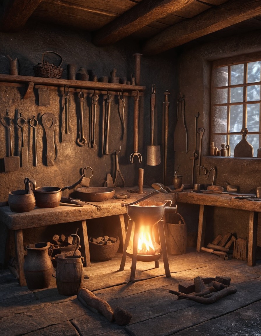 blacksmith, forging, tools, workshop, viking age, scandinavia, 800 ad