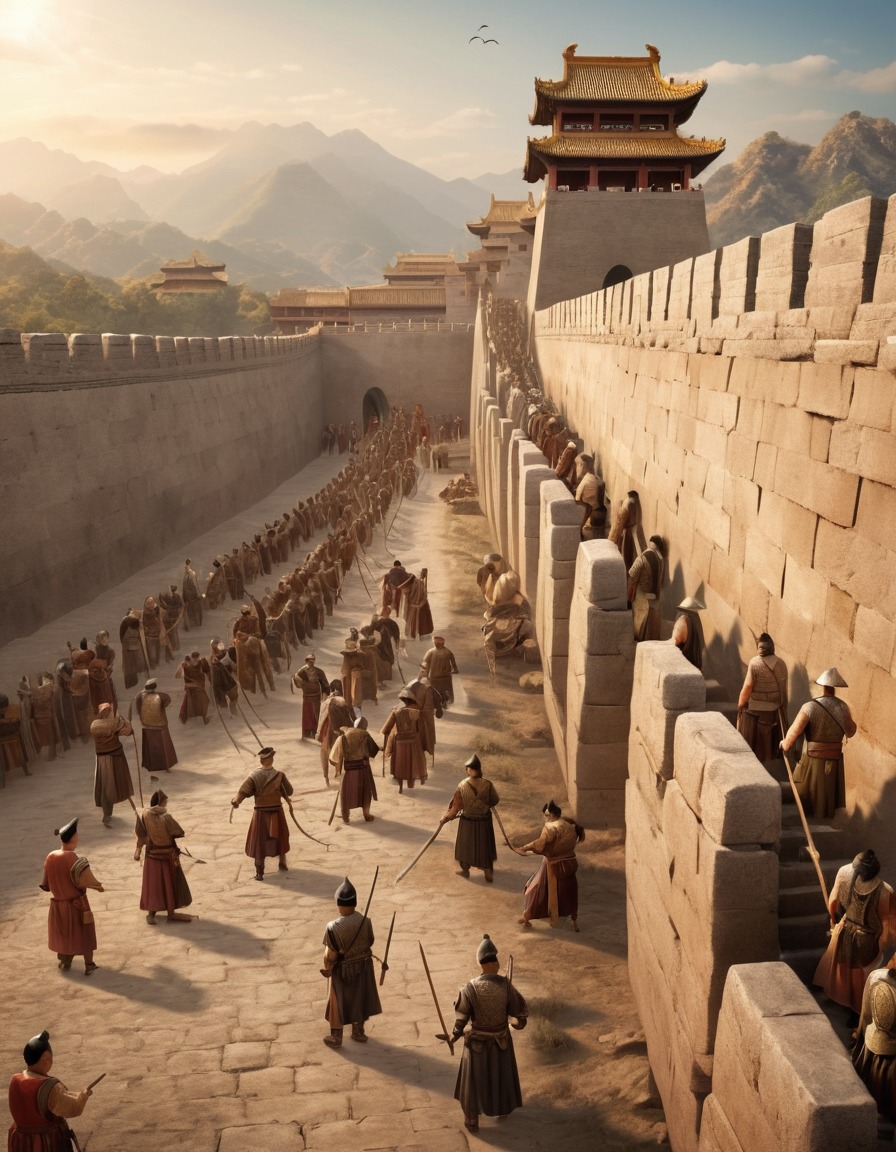 ancient china, 300 bc, men, defensive wall, city construction, teamwork, defense