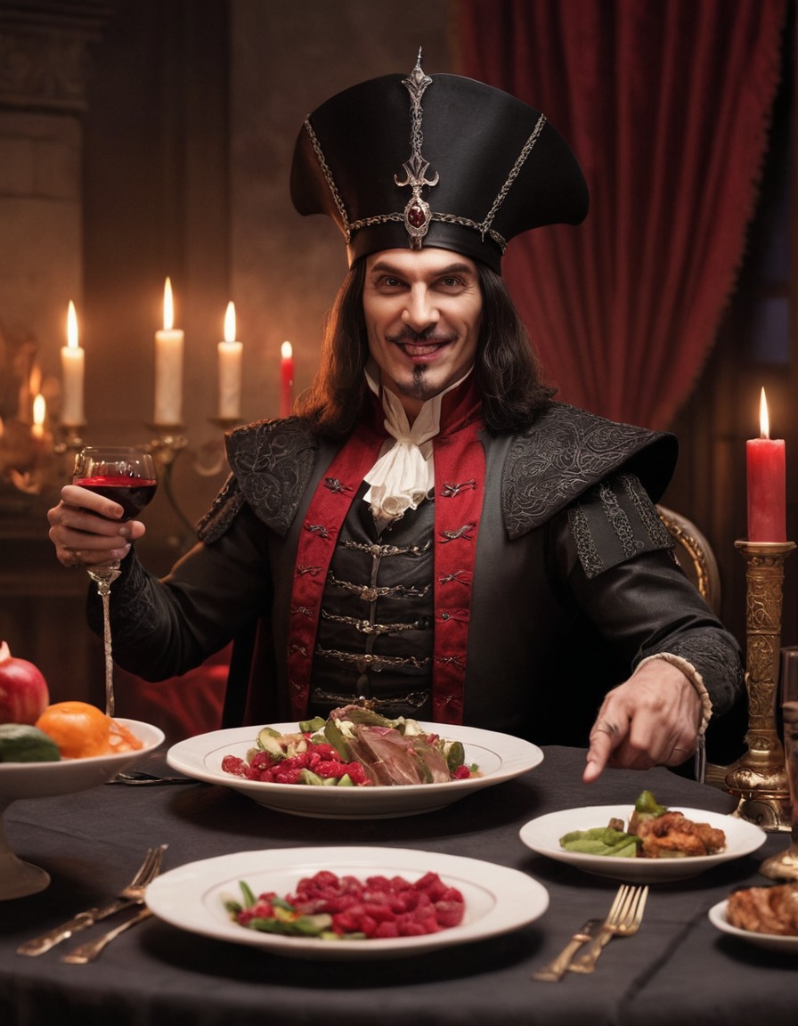 vlad the impaler, vampire, caricature, dinner party, humor, funny