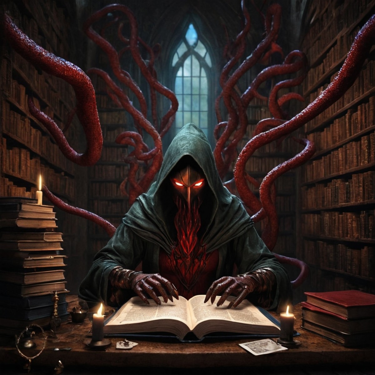 digitalart, magic, horror, lovecraft, books, fantasyart, monster, gothic, bookworm, ai_generated_art