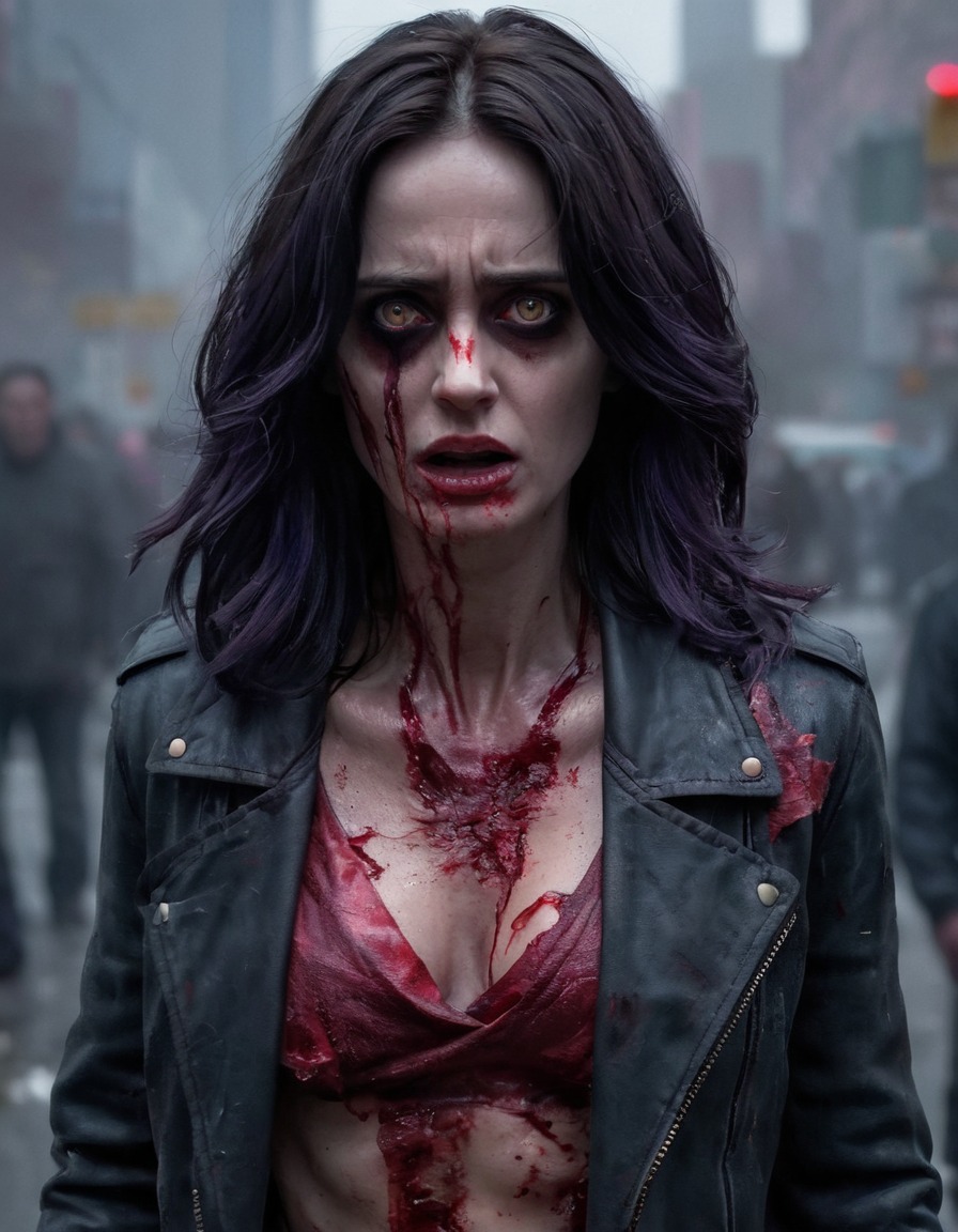 jessica jones, zombie, glowing eyes, torn clothes, horror art, marvel