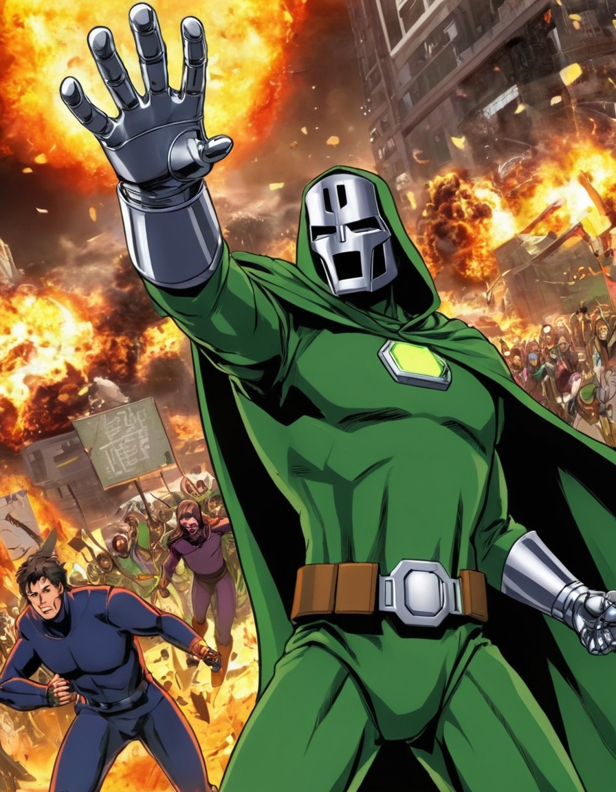 doctor doom, benevolent, superhero, civilians, explosion, rescue, salvation, anime, marvel