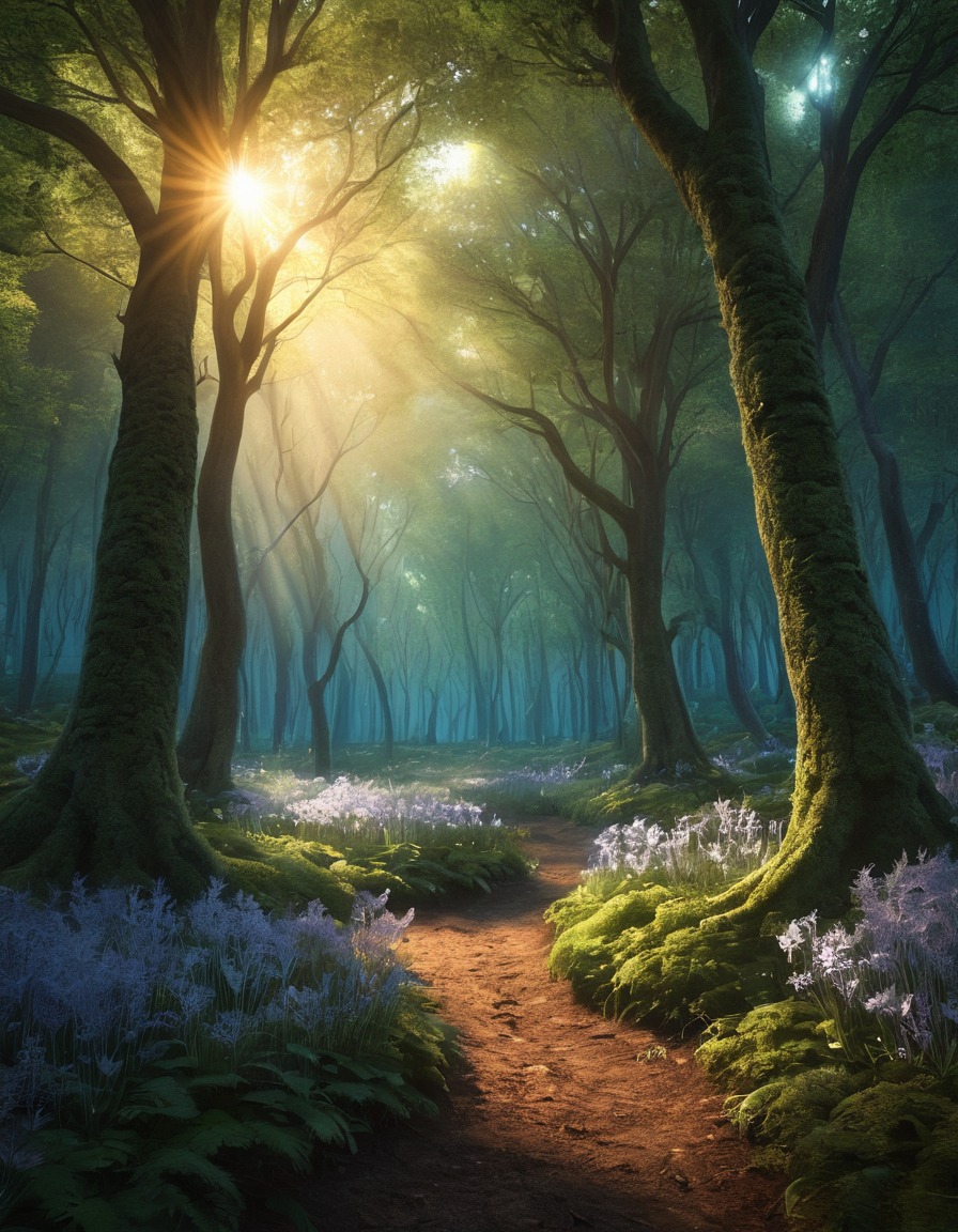 magical forest, dusk, glowing, will-o'-the-wisps, fantasy, mystical, enchanted