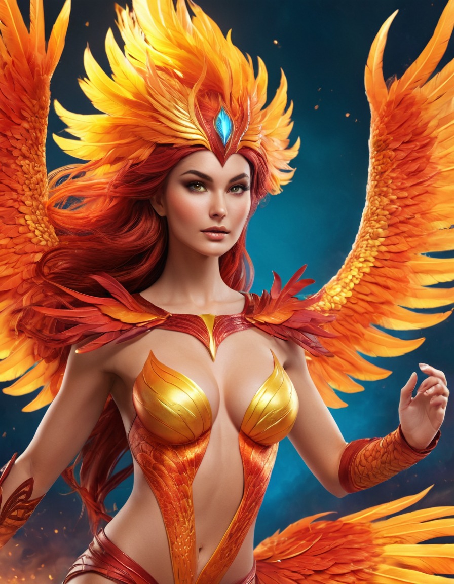 phoenix, birdwoman, rebirth, passion, mythical creature, vibrant plumage, mesmerizing presence