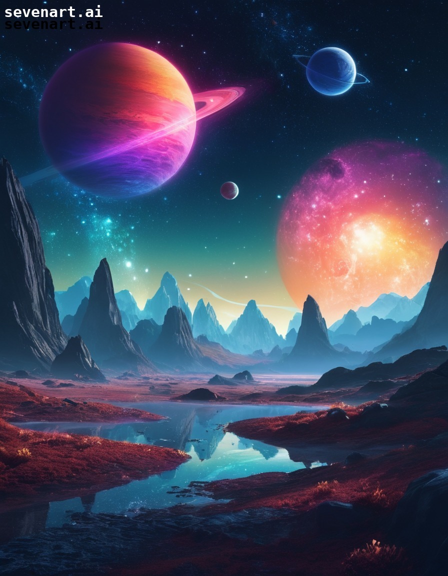 otherworldly, landscape, vibrant, planets, stars, space