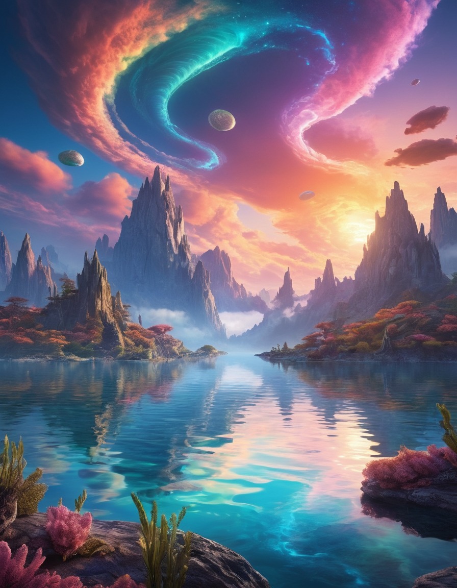 swirling clouds, iridescent clouds, lake, alien aquatic life, extraterrestrial, aliens