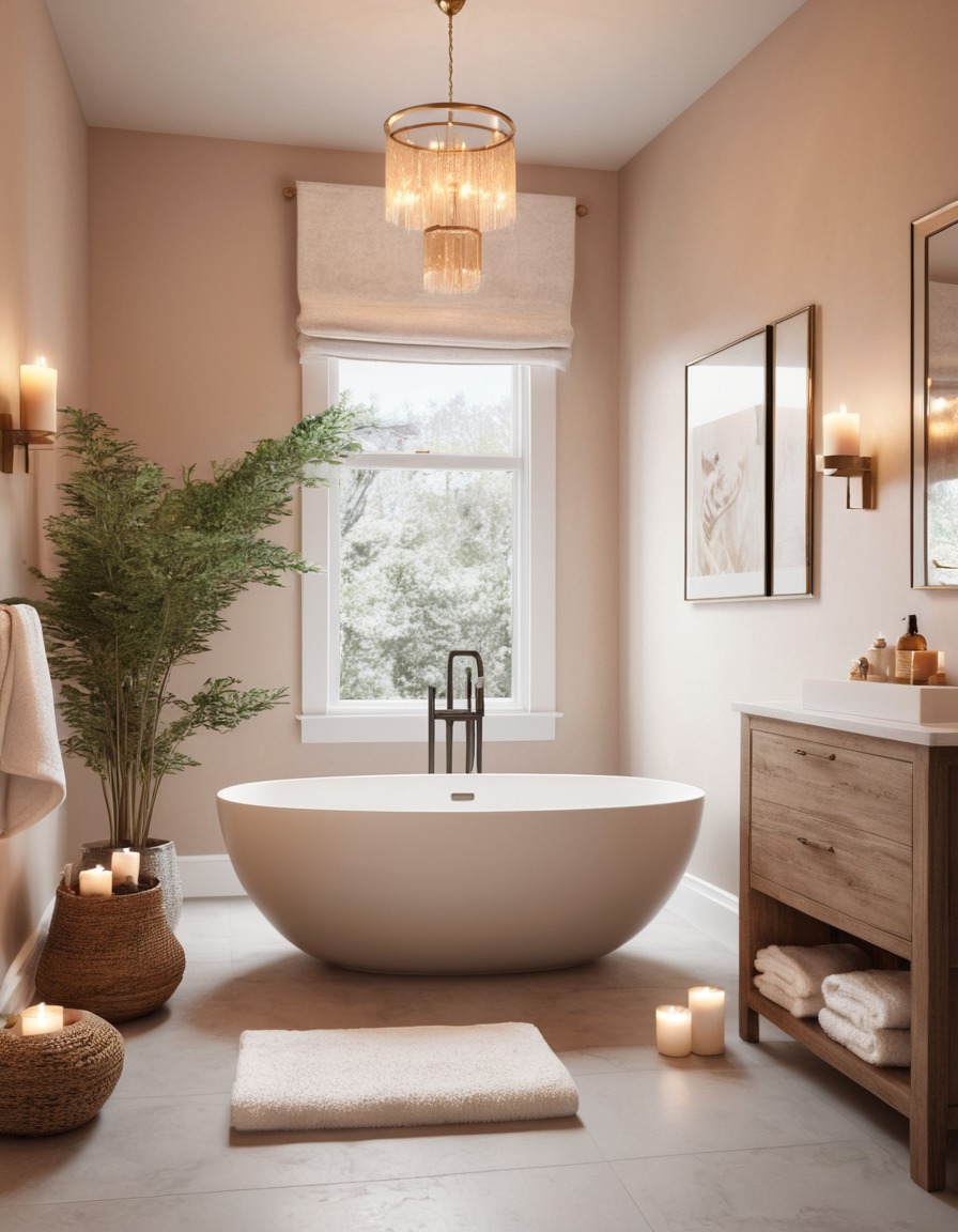 bathroom, freestanding tub, fluffy towels, scented candle, home, interior