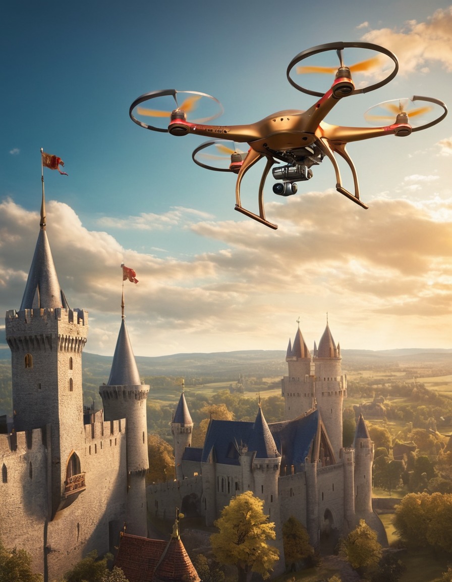 drone, delivery, medieval, king, technology, fantasy, art