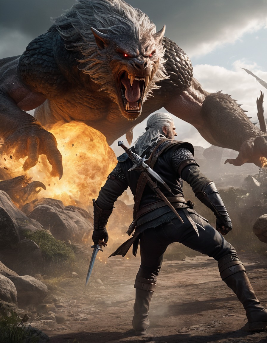 geralt of rivia, monster hunter, velen, fantasy, battle, video game art, computer games